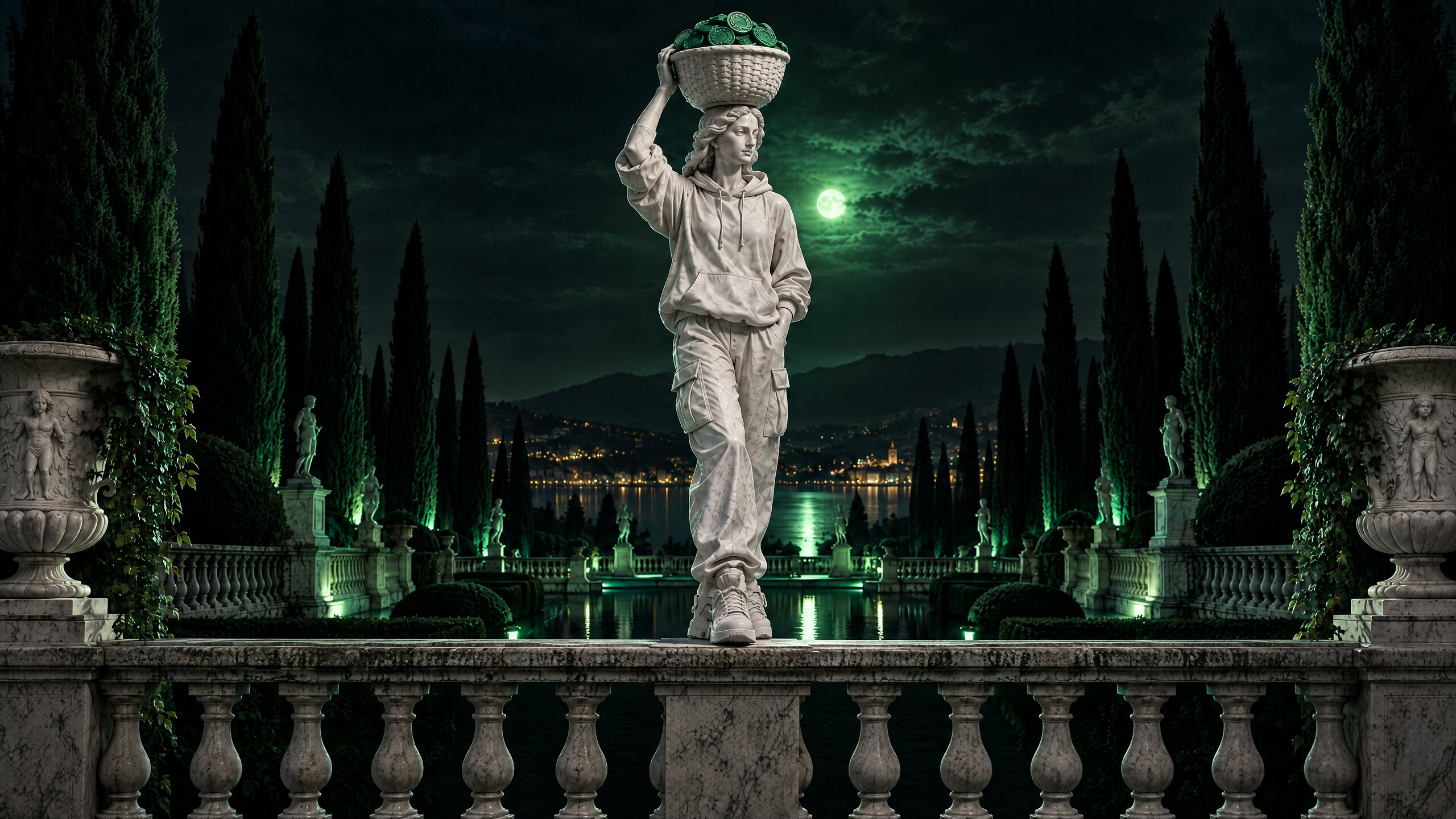 Marble statue of a young woman in a hoodie balancing a basket of emerald coins on her head, in a night garden